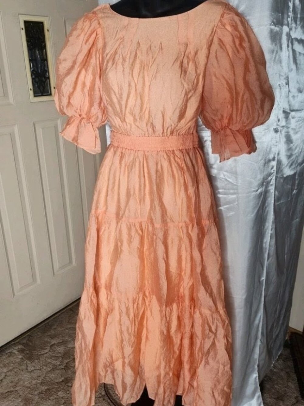 Moon River Tiered Midi Dress Rust Orange Peach Cutout Silky Line Size XS